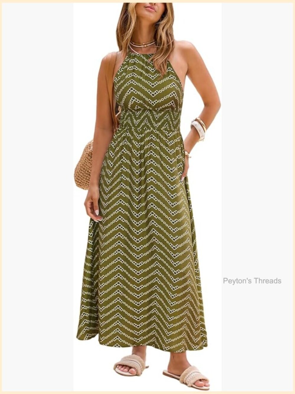 Geometric Halter Tie Back Smocked Maxi Dress